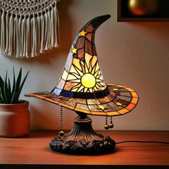 Stained Glass Witch Hat Lamp, Halloween LED Desk Light for Home Bar Cafe Decor, Vintage Table Lamp, Housewarming Gift