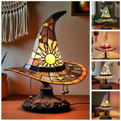 Stained Glass Witch Hat Lamp, Halloween LED Desk Light for Home Bar Cafe Decor, Vintage Table Lamp, Housewarming Gift