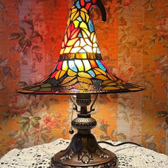 Stained Glass Witch Hat Lamp, Halloween LED Desk Light for Home Bar Cafe Decor, Vintage Table Lamp, Housewarming Gift